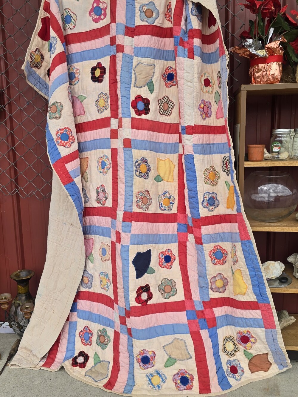 Vintage Hand Sewn And Hand Quilted Flour Sack Quilt Approx 70x80 Flour Sack Back